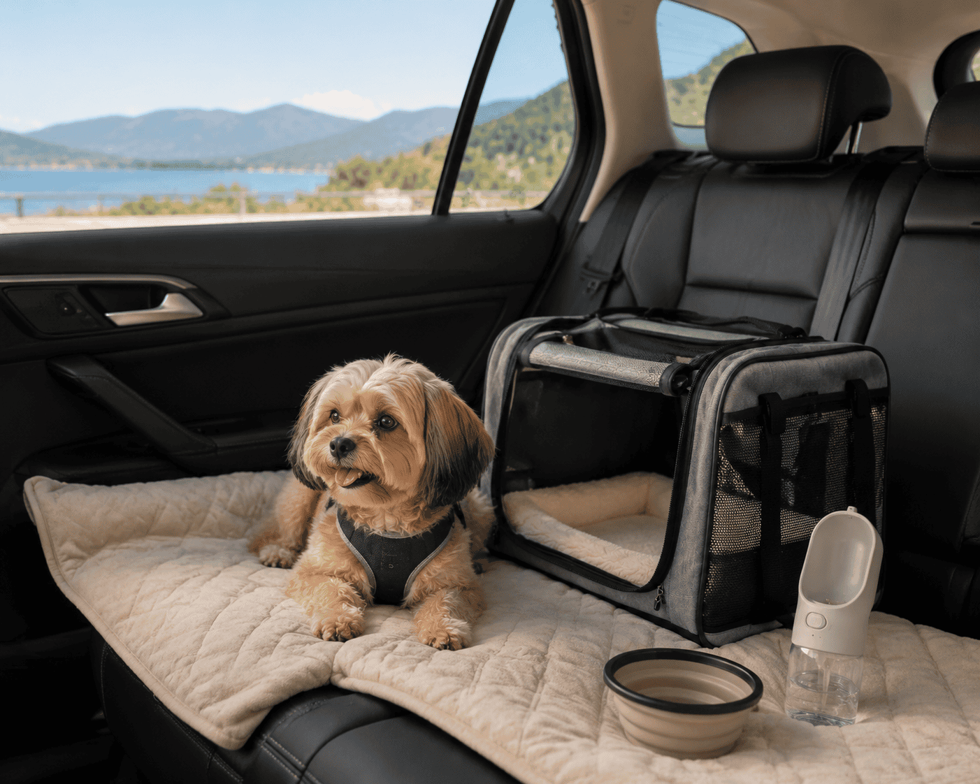Small dog ready for a road trip with pet travel essentials in the car