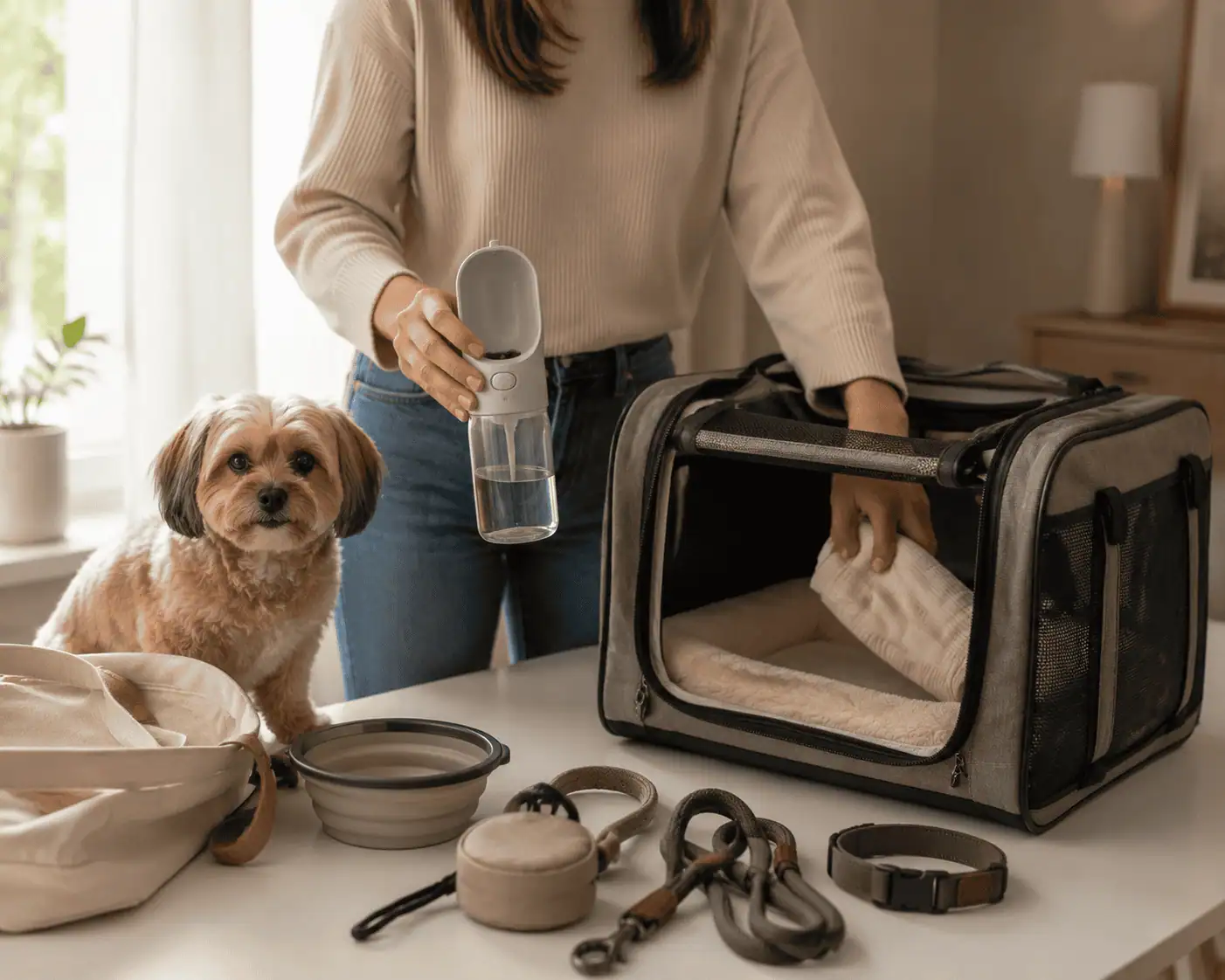Dog travel essentials packed with carrier, bowl, collar and water bottle