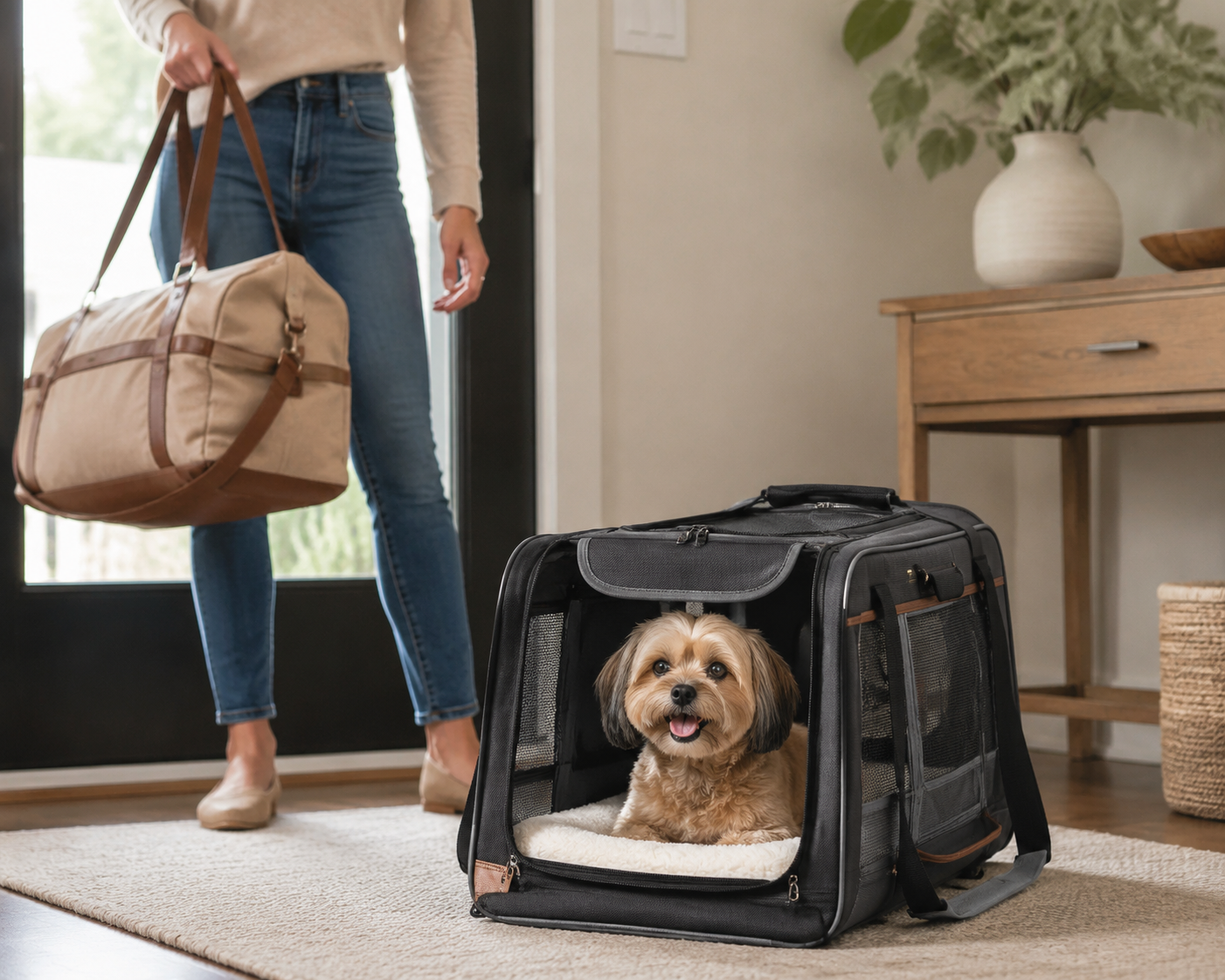 Small dog sitting in a soft-sided pet travel carrier