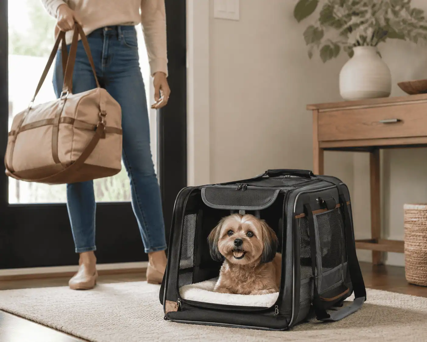Small dog sitting in a soft-sided pet travel carrier