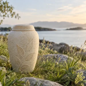 Biodegradable pet urn in a natural outdoor setting