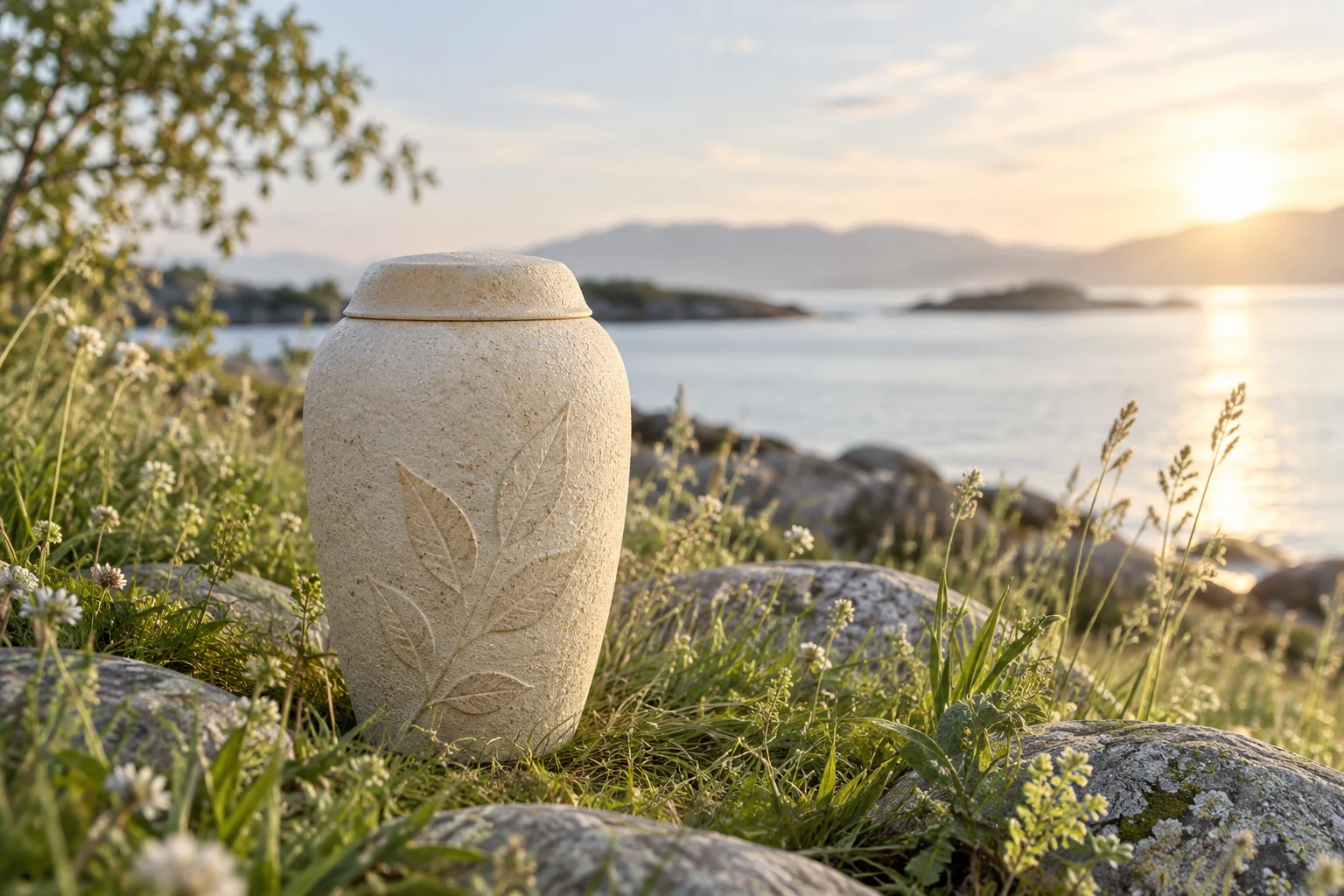 Natural-style pet urn in a peaceful outdoor setting