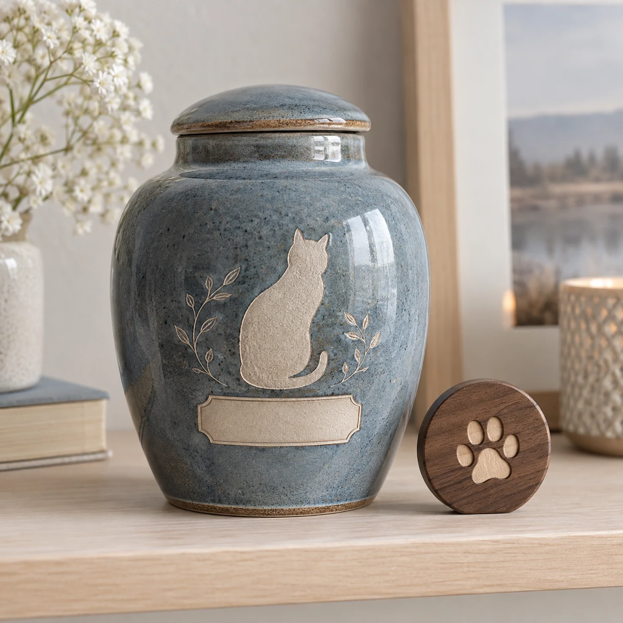 Cat memorial urn with a paw print keepsake
