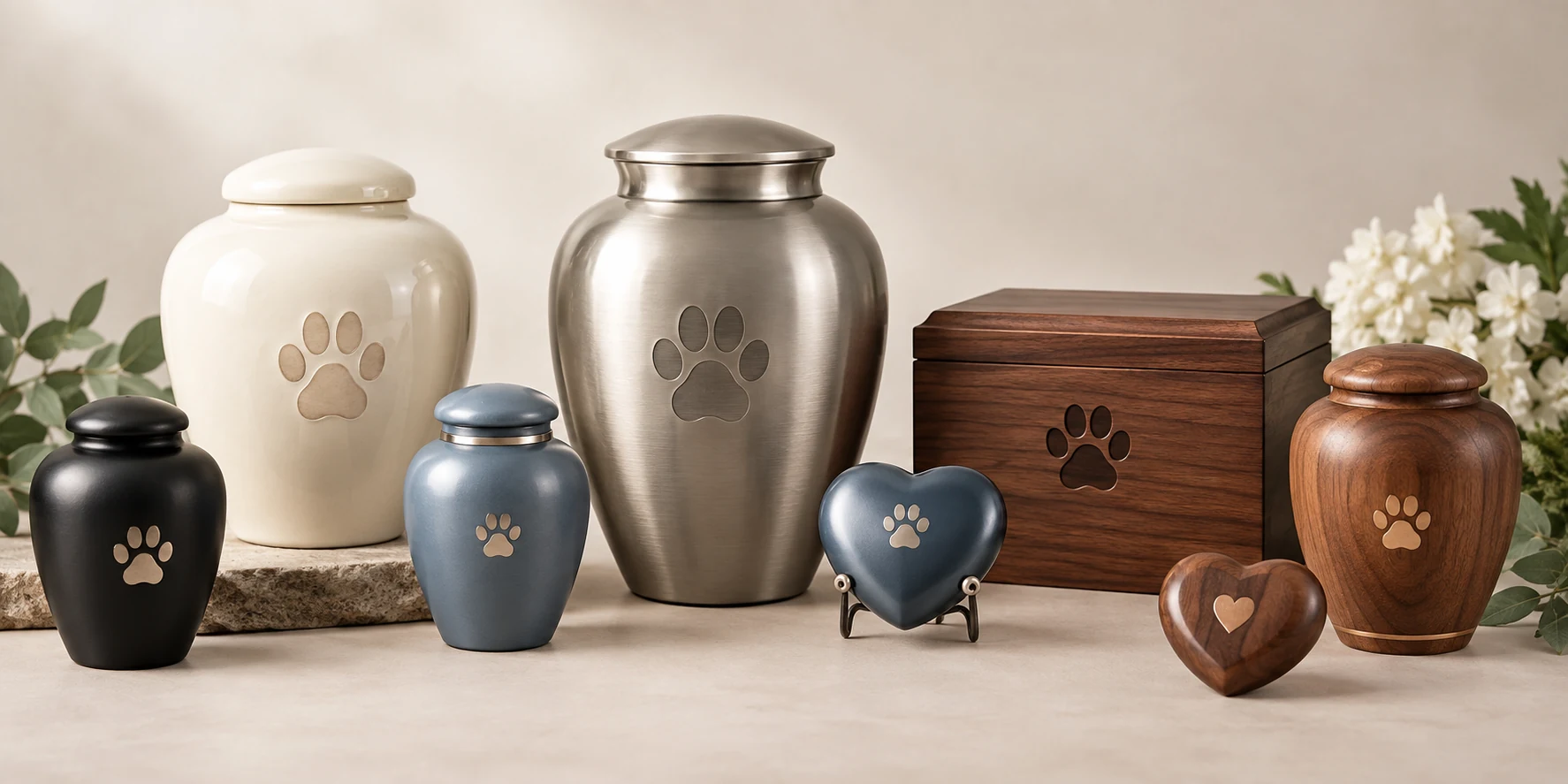 Dog urns for ashes in a memorial collection