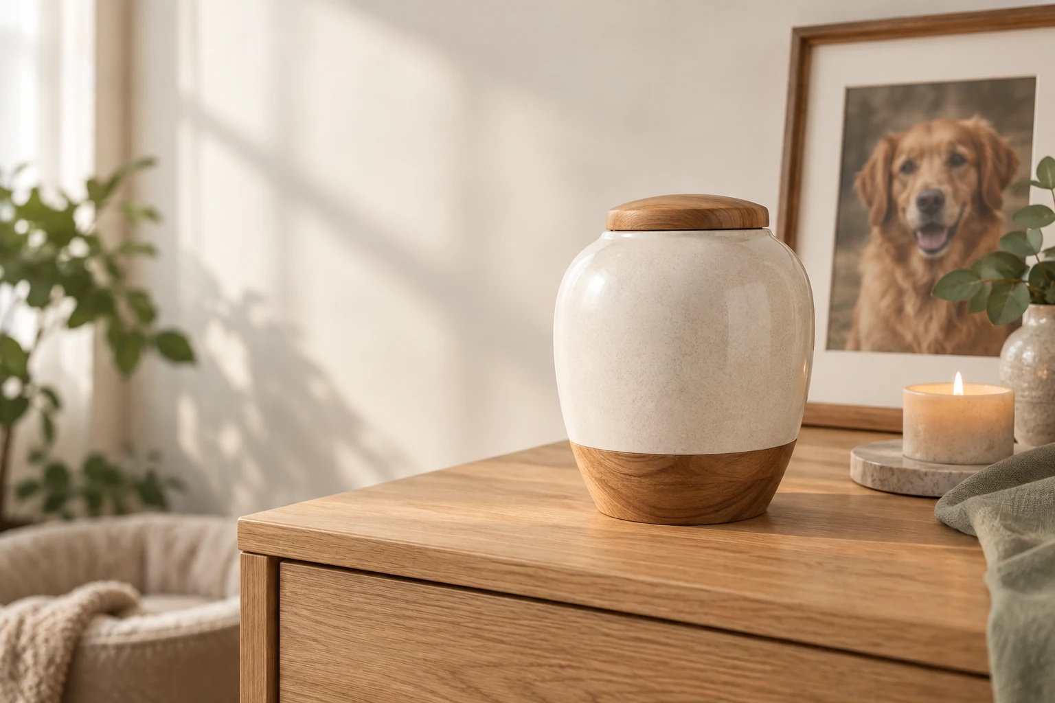 Pet memorial urn displayed in a peaceful home setting