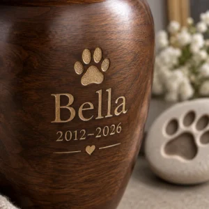 Engraved wooden dog urn with paw print, name and dates
