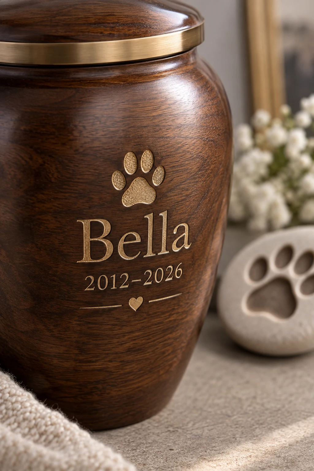 Close-up of a personalized pet urn engraving with a name and dates